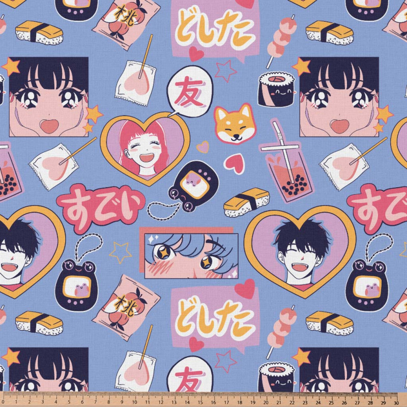 Printed Cotton INLOVE Blue / Pink